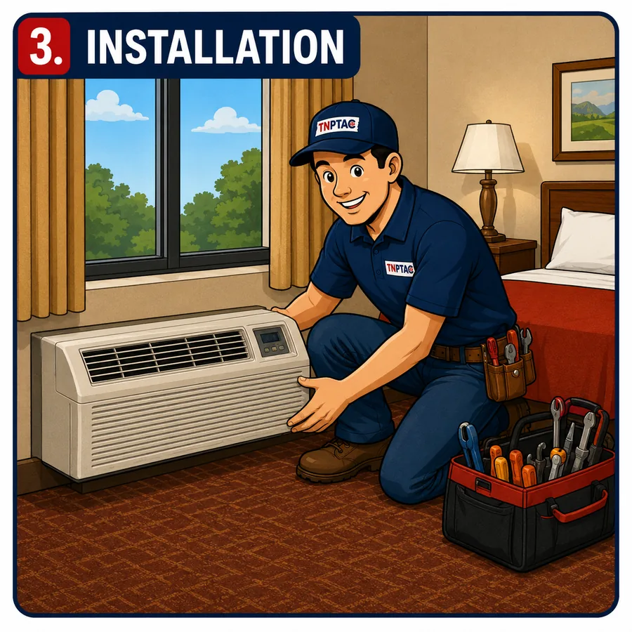TENNESSEE PTAC technician installing a PTAC unit under a window