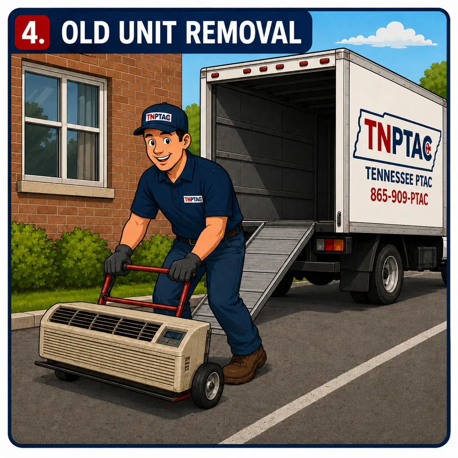 TENNESSEE PTAC technician removing an old PTAC unit